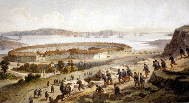 Painting showing the battle at Bomarsund where French and British troops attacked and seized