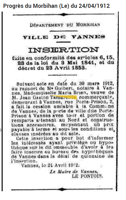 1912 Tamareille vente Porte Prison